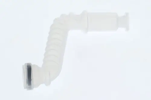 Weißes Siphon-Rohr mit gewendelter Form, geeignet für den Kondensatabfluss. Eindeutig von der Marke Bosch.